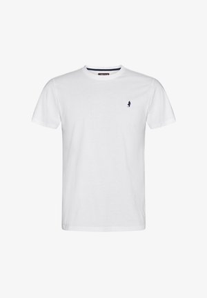 Hvit bomulls T-skjorte med korte ermer, rund hals og en liten marineblå logo på venstre brystområde. Glatt tekstur, klassisk design.