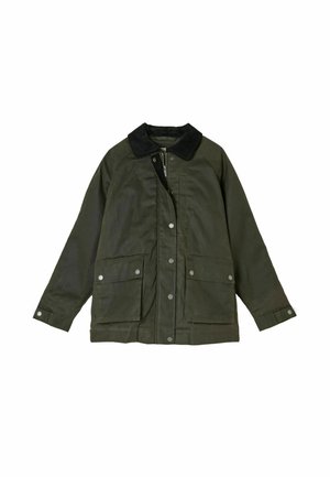Dark green jacket with a corduroy collar, front snap buttons, and two large front pockets. Smooth texture, casual fit, and long sleeves.