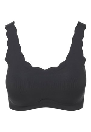 Schwarze gerippte Bralette mit gewellten Kanten und breiten Trägern, die eine glatte Textur und nahtloses Design für Komfort bietet.