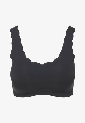 Czarny żebrowany biustonosz braletka z falbaniastymi brzegami i szerokimi ramiączkami, charakteryzujący się gładką fakturą i bezszwowym krojem dla wygody.