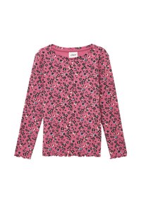 Top a maniche lunghe rosa a coste con motivo floreale in nero, blu e crema. Presenta un colletto rotondo e bordi a scallop.