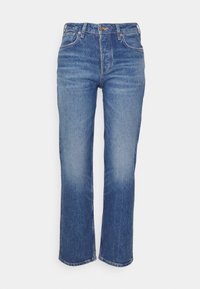 Světle modré džíny z denimu se přímým střihem, pěti kapsami a zapínáním na knoflík. Tkanina má jemný vybledlý vzhled a klasické švy.