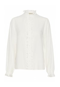 White blouse with a ruffled front, high neckline, and long sleeves. Made of a smooth fabric with button closures down the center.