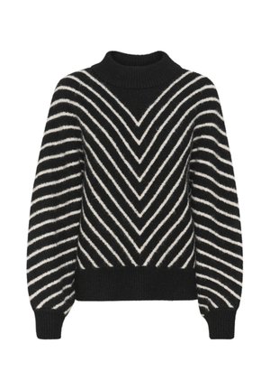 Pulover cu dungi alb-negru și guler înalt, cu modele în zig-zag și mâneci bufante, realizat dintr-un material tricotat moale și texturat.