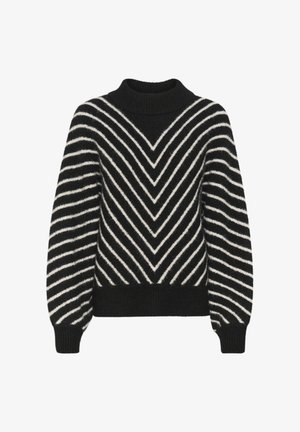 Mustriga must-valge kampsun kõrgema kraega, millel on ševroni mustrid ja puffse varrukad, valmistatud pehmest, tekstureeritud kudumkangast.