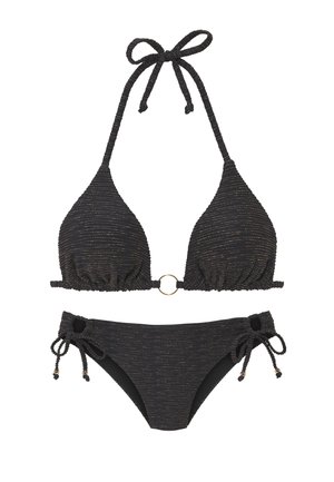 Black textured two-piece bikini with halter neck tie, gold ring detail on top center, and side ties with beads on the bottoms.