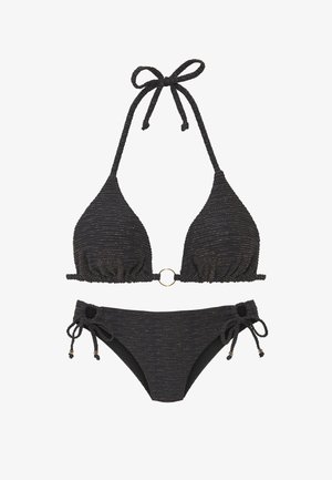 Black textured two-piece bikini with halter neck tie, gold ring detail on top center, and side ties with beads on the bottoms.