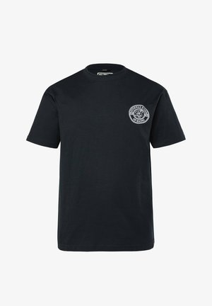 Zwart T-shirt met korte mouwen en ronde hals, met een klein wit cirkelvormig logo op de linkerborst met de tekst "Eternal Reign of Hades."
