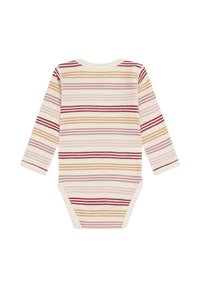Langärmliger Babykörperanzug mit horizontalen Streifen in Rot, Senfgelb, Pink und Creme.