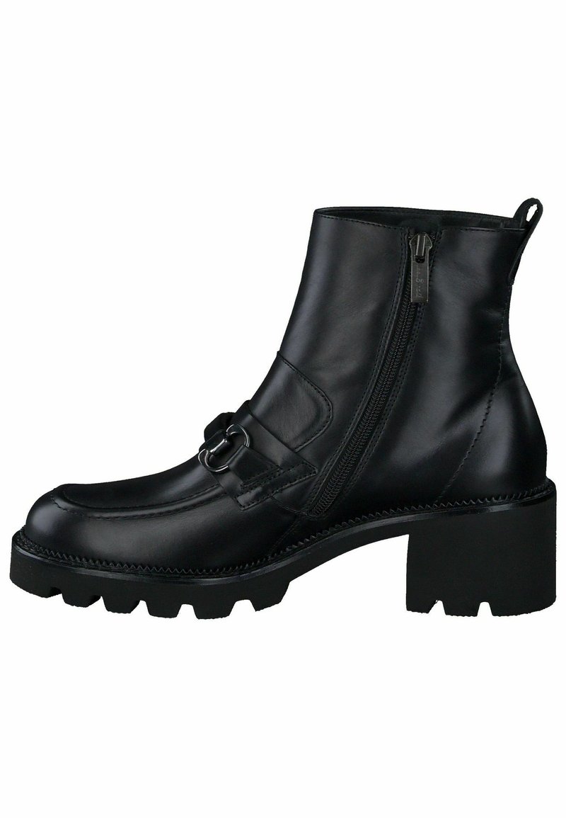 Černé kožené kotníkové boty se zipem na boku, robustním černým podpatkem, dekorativním detailem přezky a texturovanou podrážkou s trakčními vlastnostmi.