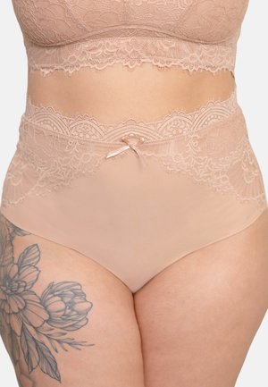 Beige high-waisted underwear with a delicate lace waistband and a bow detail at the center. Smooth texture with floral lace pattern.
