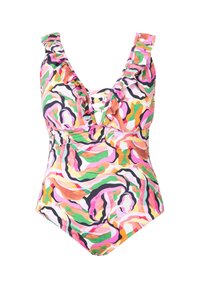 Eéndelige zwempak met een kleurrijk abstract patroon van roze, groen, oranje en zwarte spiralen, rimpelbandjes en een diepe V-hals.
