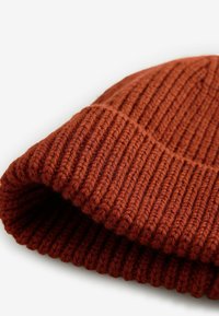 Dziana czapka beanie w kolorze terakoty, z prążkowaną teksturą, złożonym mankietem i miękkim wełnianym materiałem zapewniającym ciepło i komfort.