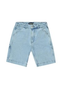 Lichtblauwe denimshorts met een standaard tailleband, voorzakken en stiksels. De stof heeft een soepele textuur en een casual ontwerp.