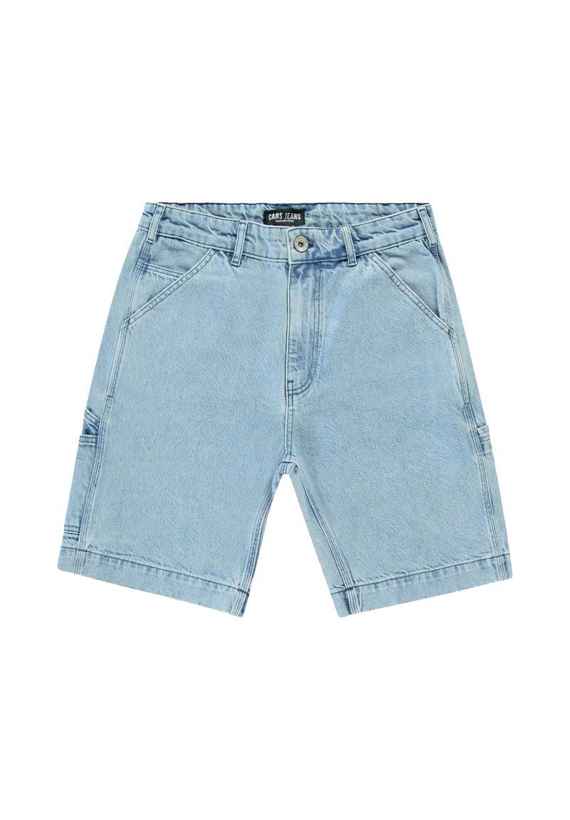 Lichtblauwe denimshorts met een standaard tailleband, voorzakken en stiksels. De stof heeft een soepele textuur en een casual ontwerp.