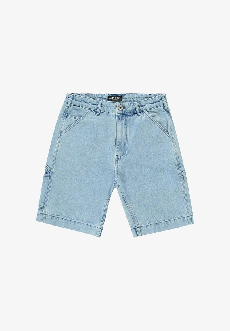 Lichtblauwe denimshorts met een standaard tailleband, voorzakken en stiksels. De stof heeft een soepele textuur en een casual ontwerp.