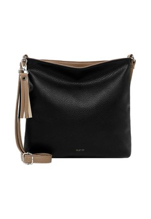 Black pebbled leather crossbody bag with beige adjustable strap, tassel detail, and small "RUE 09" logo on front center.