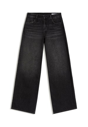 Schwarze, weit geschnittene Jeans aus Denim mit Fronttaschen, Gürtelschlaufen und subtiler Verwaschung im oberen Oberschenkelbereich.