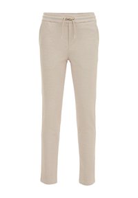 Pantalones de chándal beige con cinturilla ajustable, diseño de pierna taperada y textura suave. Presenta bolsillos laterales inclinados y un acabado liso.