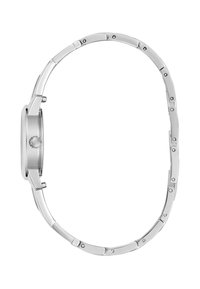 Montre-bracelet en acier inoxydable argenté avec un boîtier rond, un bracelet à maillons et une finition polie. Possède trois poussoirs sur le côté.