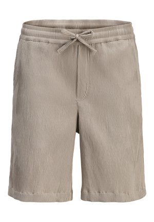 Shorts en tissu côtelé beige avec une taille élastique et un cordon de serrage à nouer à l'avant.