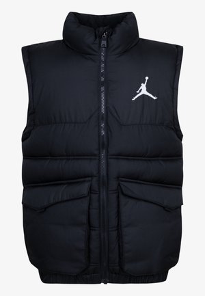 Sort polstret ærmeløs vest med lynlås foran, to klaplommer og hvid Jumpman-logo på brystet.