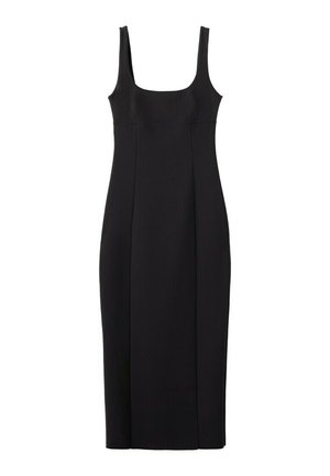Zwarte mouwloze midi-jurk met een aansluitend silhouet en een vierkante halslijn, ontworpen voor een slanke en elegante uitstraling.