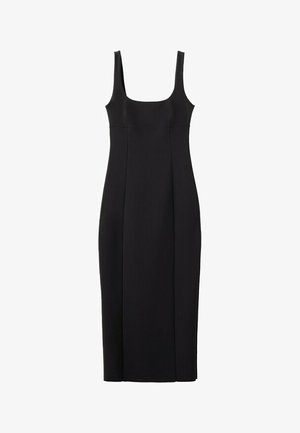 Zwarte mouwloze midi-jurk met een aansluitend silhouet en een vierkante halslijn, ontworpen voor een slanke en elegante uitstraling.