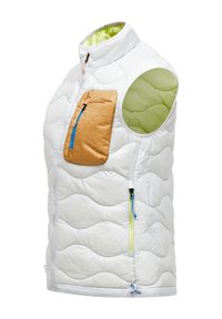 Vit ärmlös väst med kviltad textur, har en dragkedjeförsedd orange ficka och blå detaljer. Innerfoder är klart grönt.