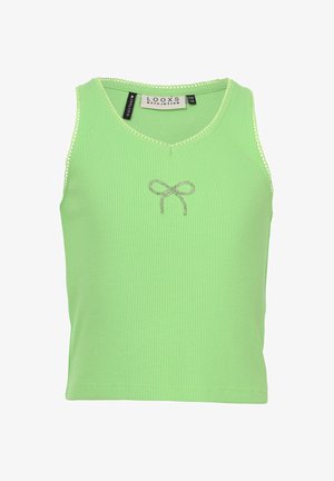 Lichtgroene geribbelde mouwloze crop top met een klein strikje van strassstenen gecentreerd onder de halslijn.