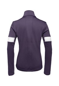 Giacca aderente viola con colletto alto, maniche lunghe e pannelli bianchi di accento sulle braccia; texture liscia e design elegante.