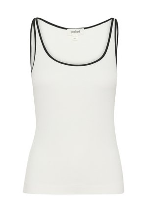 Weißes Tanktop aus weichem Stoff, mit einem runden Halsausschnitt und schwarzem kontrastierendem Saum entlang der Kanten und Träger. Keine sichtbaren Muster.