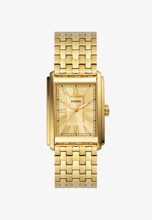 Gold-tone rectangular watch with a textured bezel, Roman numerals, and a linked band, featuring a polished finish and minimalist design.