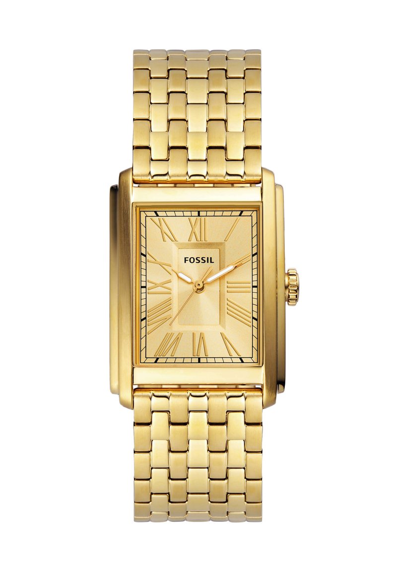 Montre rectangulaire dorée avec un cadran texturé, des chiffres romains et un bracelet maillé, présentant une finition polie et un design minimaliste.