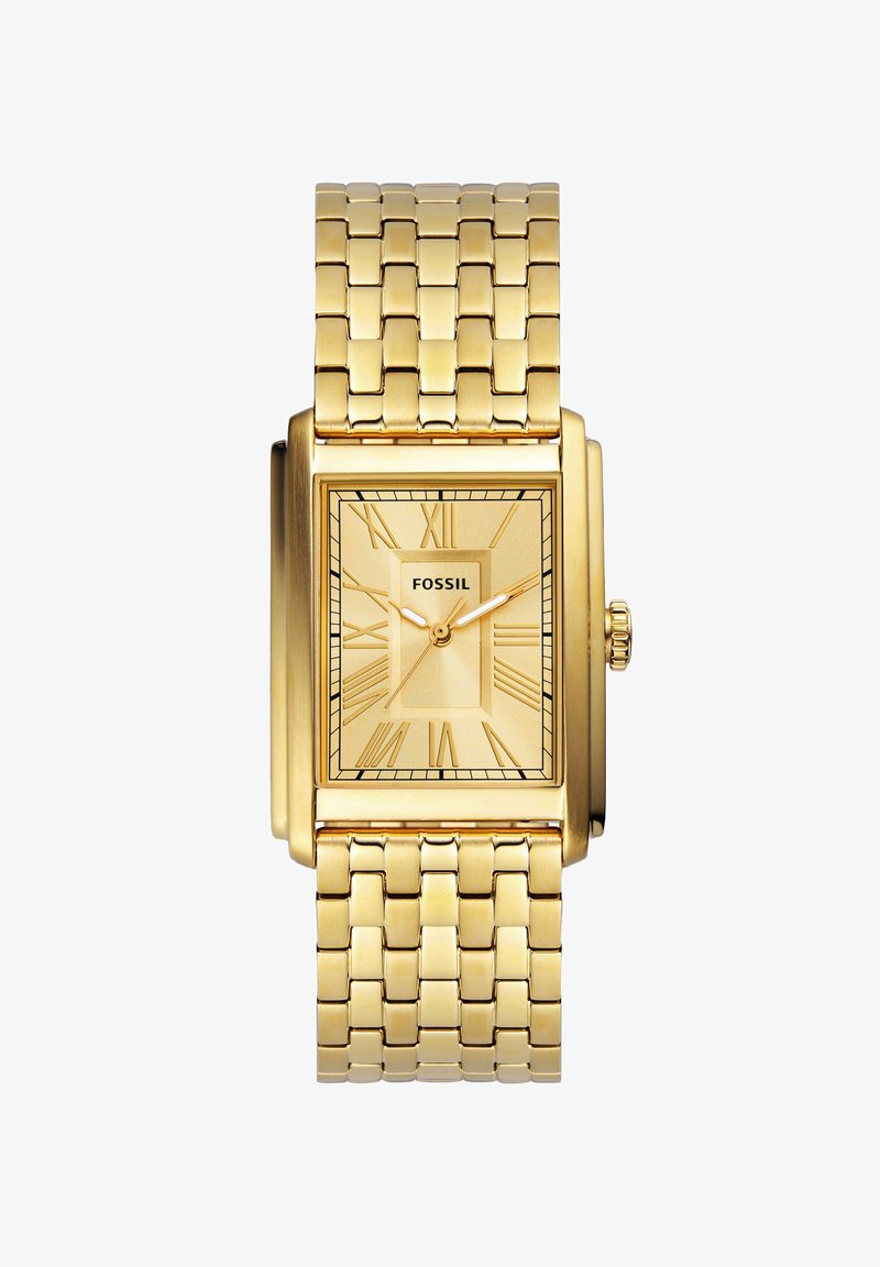 Montre rectangulaire dorée avec un cadran texturé, des chiffres romains et un bracelet maillé, présentant une finition polie et un design minimaliste.