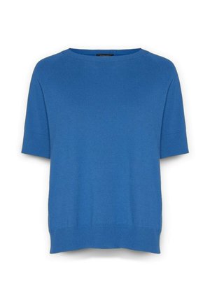 Blauer, gestrickter Kurzarmpullover mit rundem Halsausschnitt, gerippten Bündchen und einem Saum, der auf der Hüfte endet. Glatte Textur, lässiges Design.