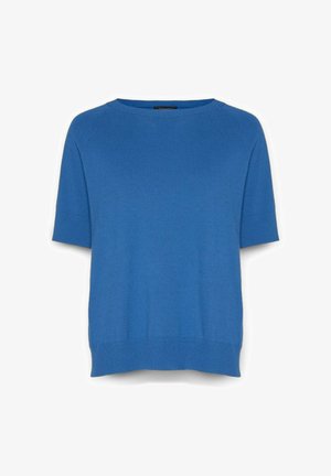 Blauer, gestrickter Kurzarmpullover mit rundem Halsausschnitt, gerippten Bündchen und einem Saum, der auf der Hüfte endet. Glatte Textur, lässiges Design.