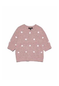 Maglione rosa lavorato a maglia con finitura texture, maniche ampie e motivo a pois bianchi, caratterizzato da un colletto rotondo e orlo corto.