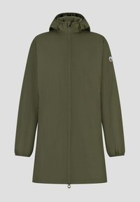 Giacca leggera verde oliva con cappuccio, cerniera frontale completa, polsini elastici e toppa con logo sulla manica sinistra. Tessuto liscio e vestibilità comoda.