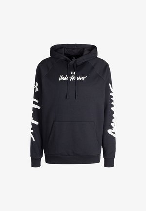 Sweat à capuche Under Armour noir avec logo blanc et script sur la poitrine et les manches, poche avant et capuche à cordon.