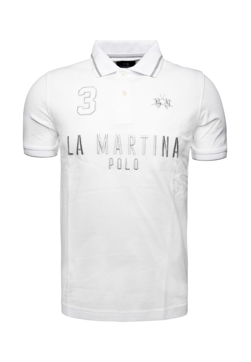 Vitt polo skjorta i bomull, med korta ärmar, klassisk krage, broderad logotyp och texten "LA MARTINA POLO".