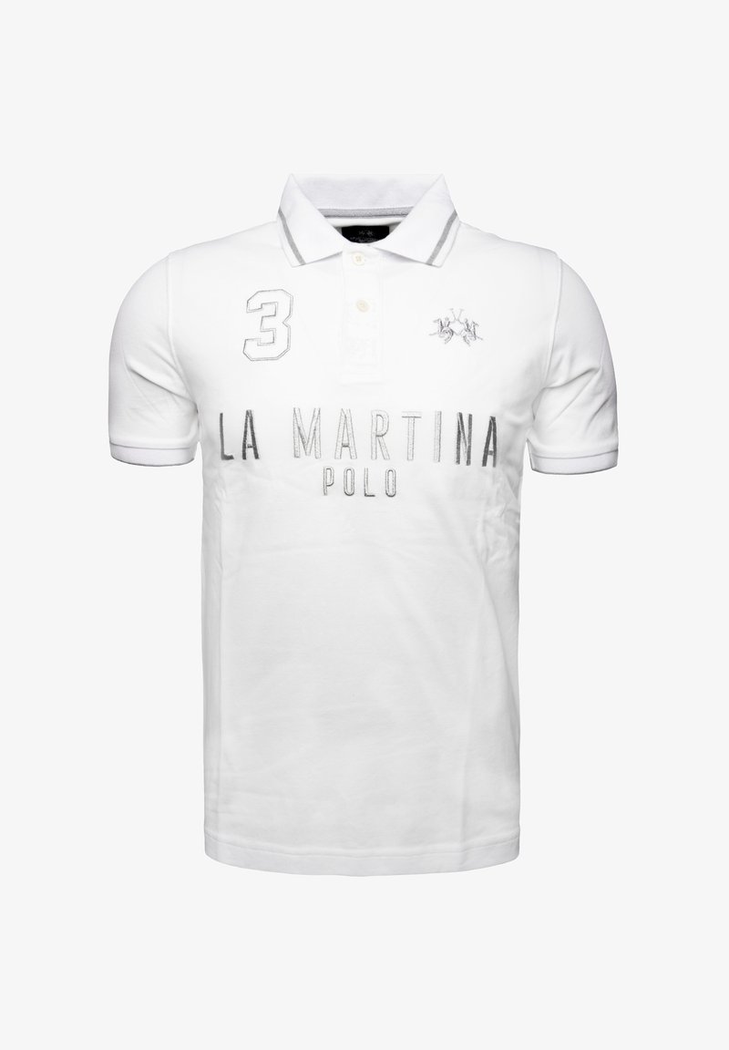 Bílá polo košile vyrobená z bavlny, s krátkými rukávy, klasickým límcem, vyšitým logem a textem "LA MARTINA POLO".