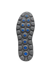 Suola di scarpa in gomma con design circolare grigio, con accenti blu al centro di ciascun cerchio e fori di ventilazione per la traspirabilità.