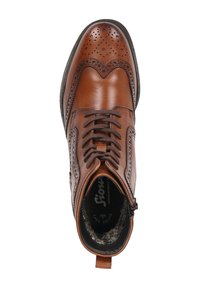 Stivale brogue in pelle marrone con motivo decorativo perforato, lacci marrone scuro, cerniera laterale e interno foderato in pelliccia, visto dall'alto.