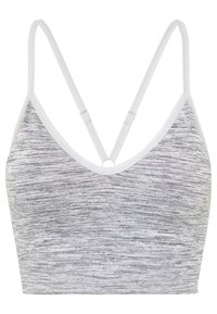 Bralette marbré gris et blanc avec un décolleté en V, de fines bretelles réglables et un détail en métal circulaire au dos.