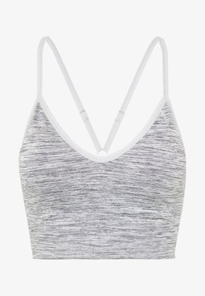 Bralette marbré gris et blanc avec un décolleté en V, de fines bretelles réglables et un détail en métal circulaire au dos.