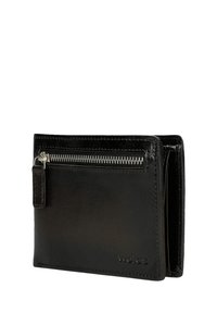 Czarny skórzany portfel z zamykaną na zamek komorą, eleganckim wzornictwem i przeszytymi krawędziami. Z przodu znajduje się subtelne logo.