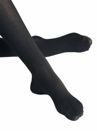 Calze nere a costine al ginocchio con una texture liscia, dotate di punta rinforzata e una leggera lucentezza. Design accattivante che valorizza l'aspetto delle gambe.