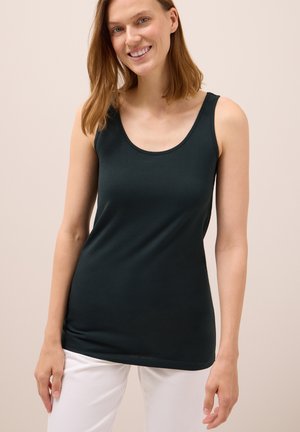Top senza maniche di colore nero, con scollo a barca, realizzato in un tessuto liscio e stretch. Ha una forma aderente e dettagli di cucitura sottili.