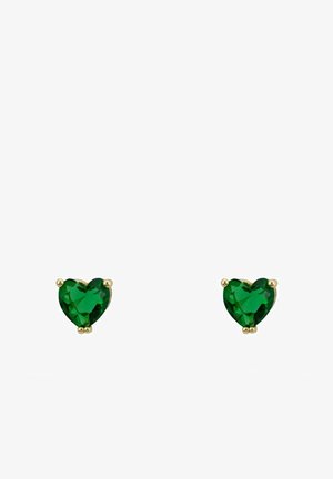 Grüne herzförmige Ohrringe mit facettierten Steinen, gefasst in goldfarbener Metalllegierung. Verfügt über einen sicheren Steckverschluss und eine glatte, polierte Oberfläche.
